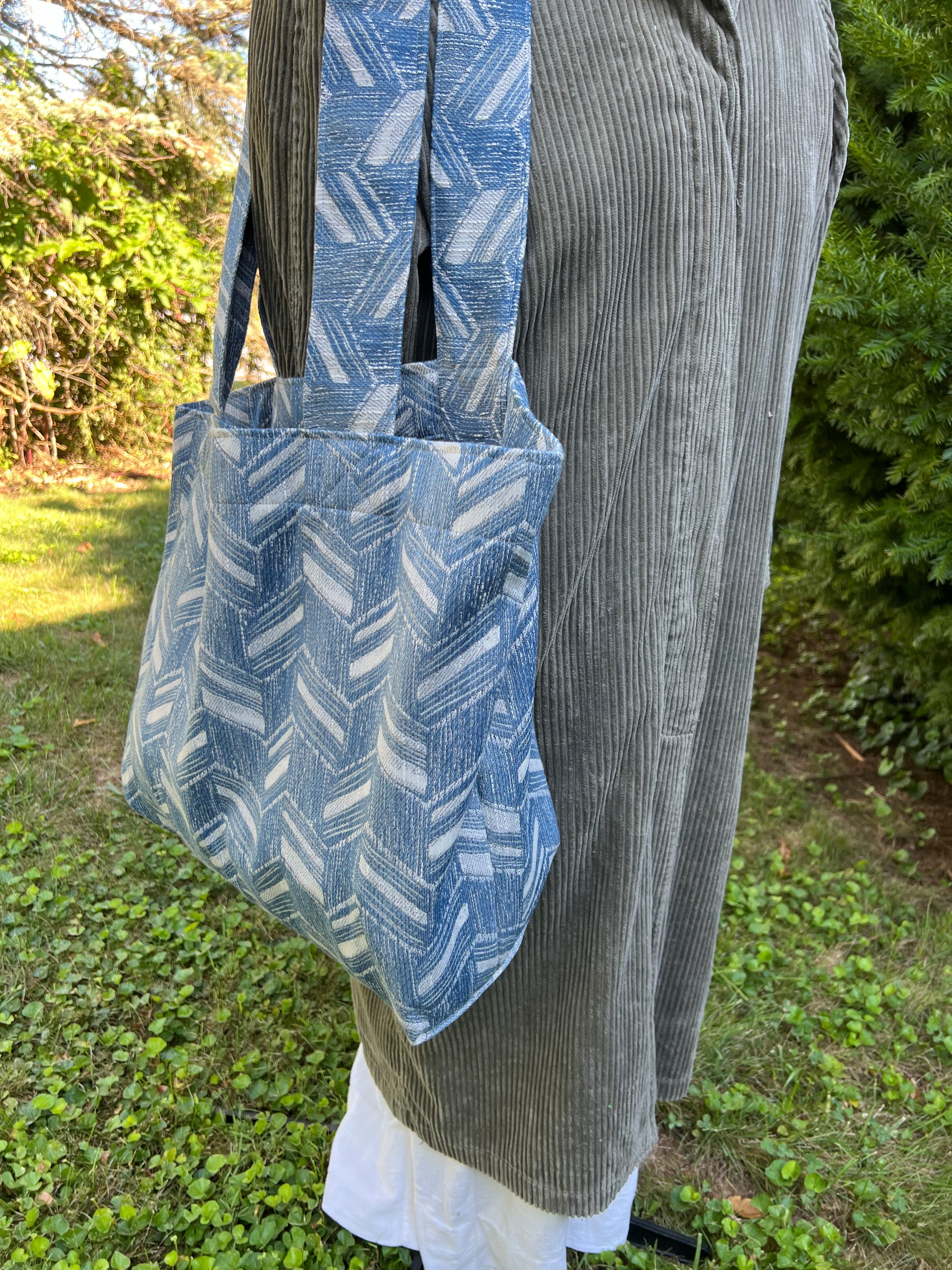 Market Grocery Tote Bag heavy upholstery blue chevron