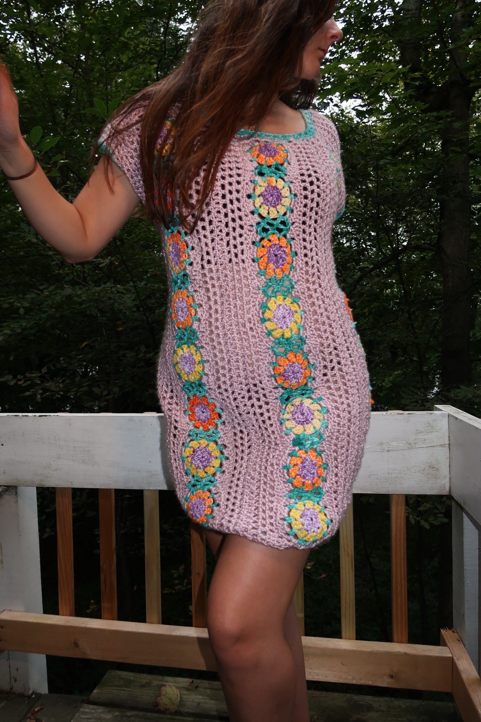 Crochet Summer Dress or Beach Cover Up Lilac and Florals