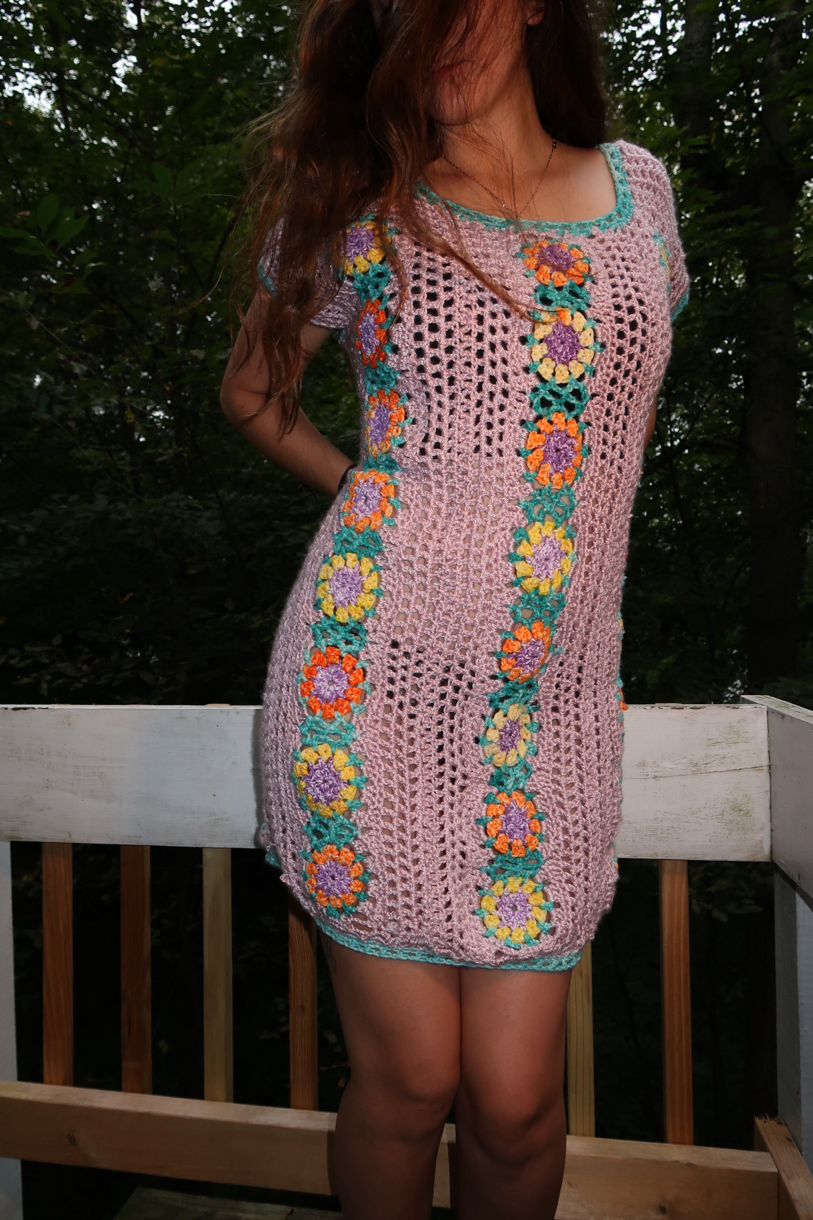 Crochet Summer Dress or Beach Cover Up Lilac and Florals