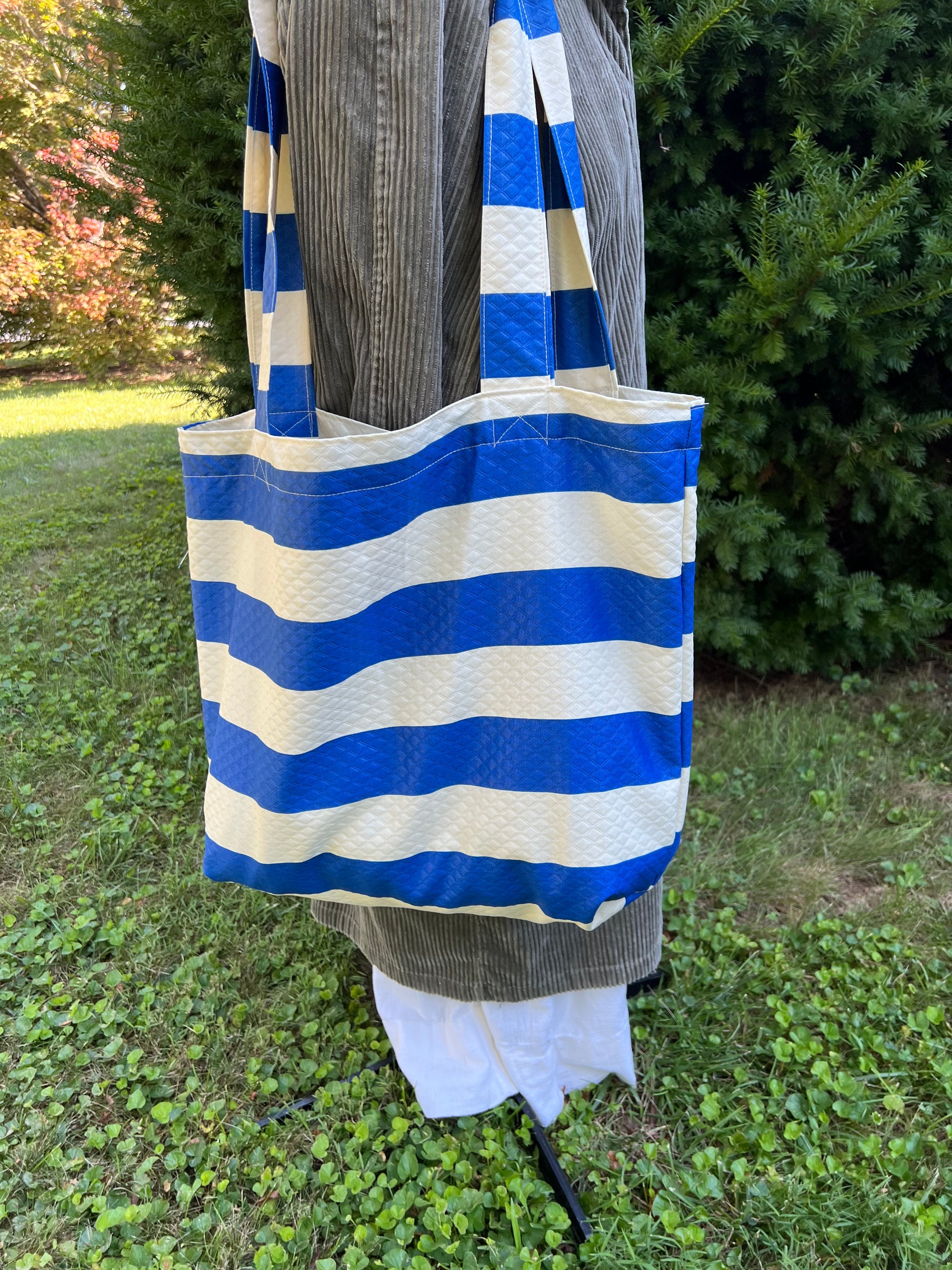 Waterproof Market Grocery Tote Bag Large Blue and Beige Stripes