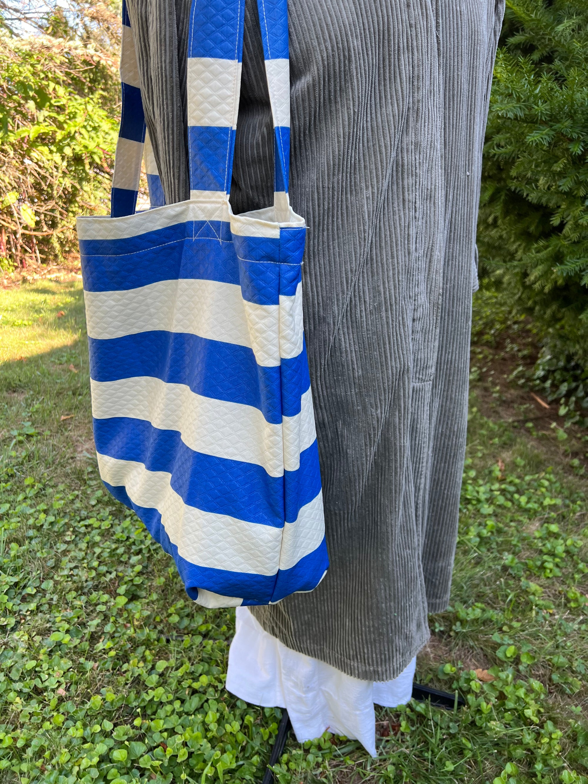 Waterproof Market Grocery Tote Bag Large Blue and Beige Stripes