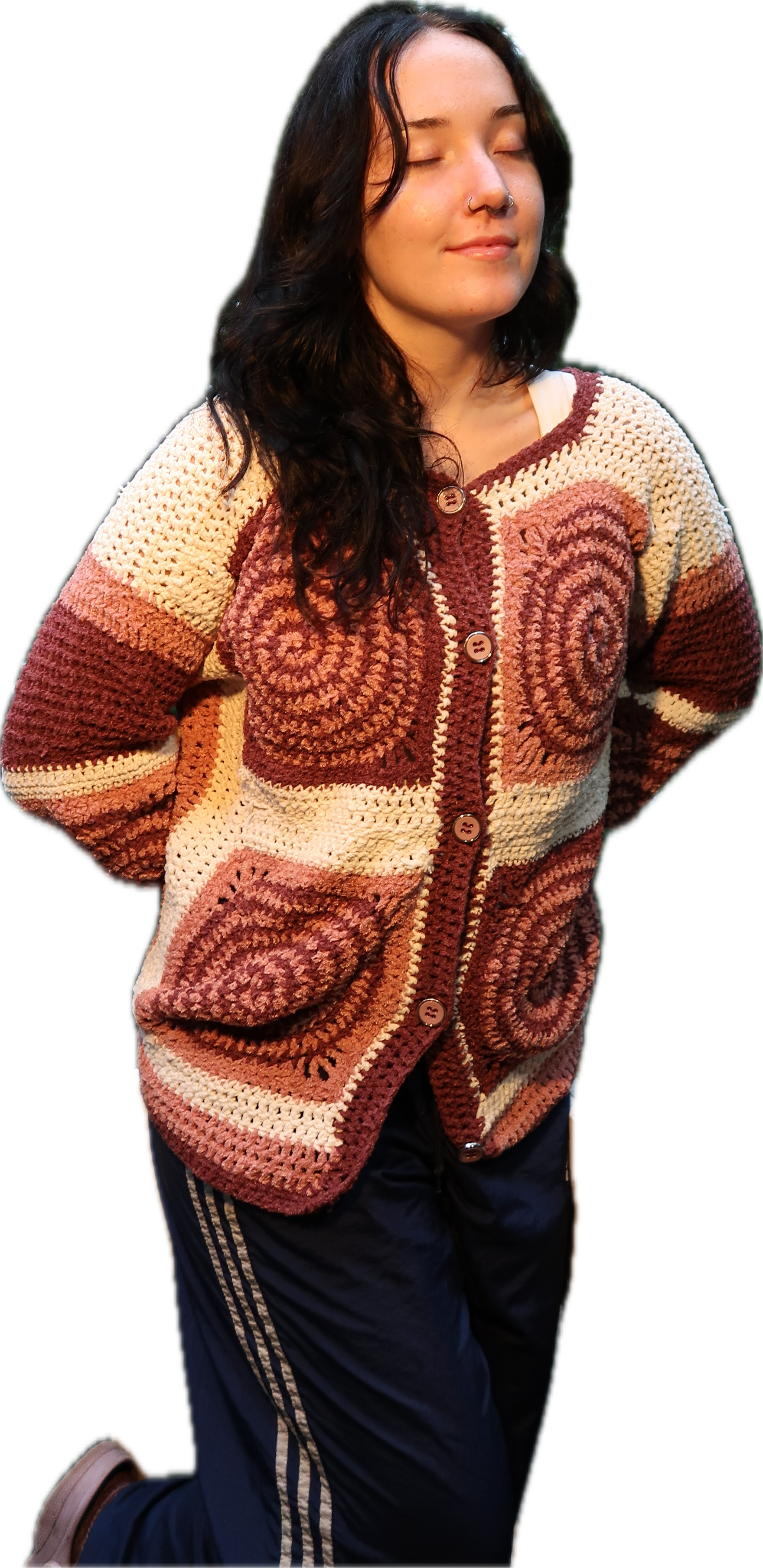 Cardigan crochet Spirals Chenille in Plum, Blush and Cream