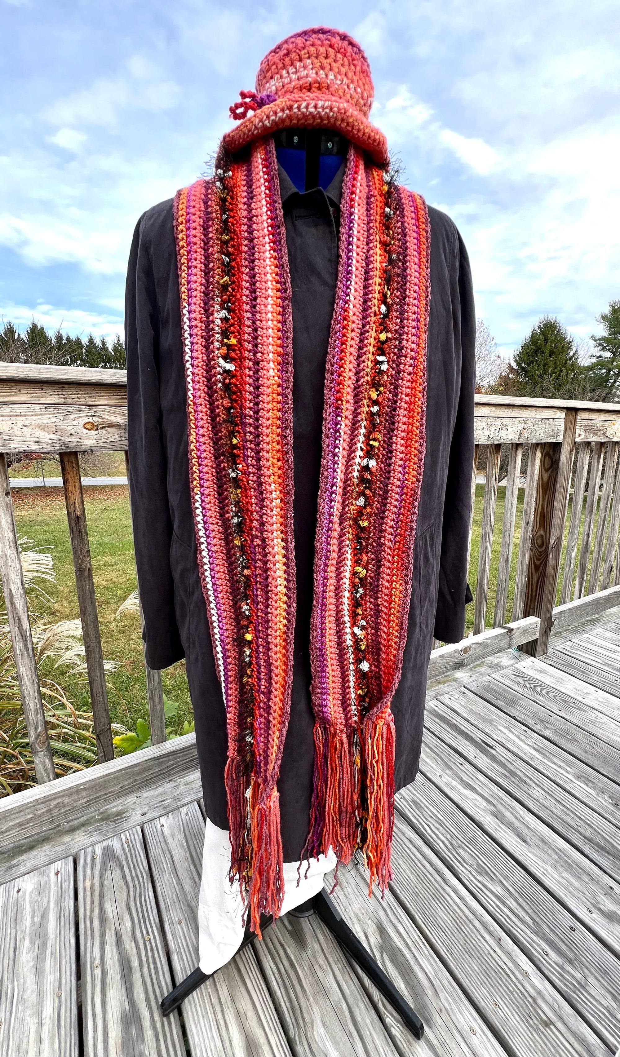 Scarf and Hat Set - Rust, Orange and Burgundy