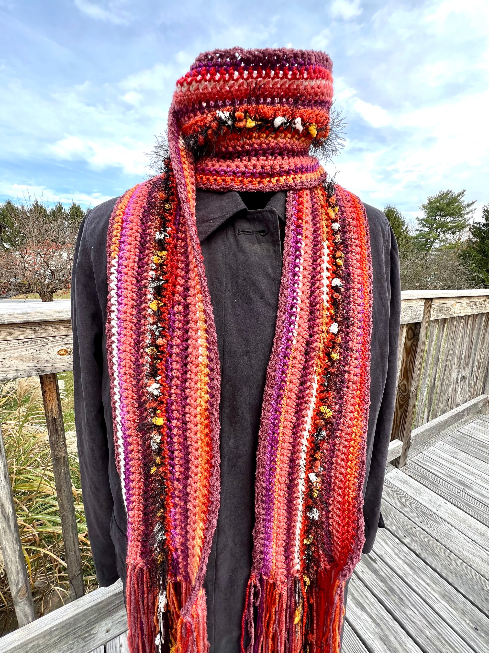 Scarf and Hat Set - Rust, Orange and Burgundy