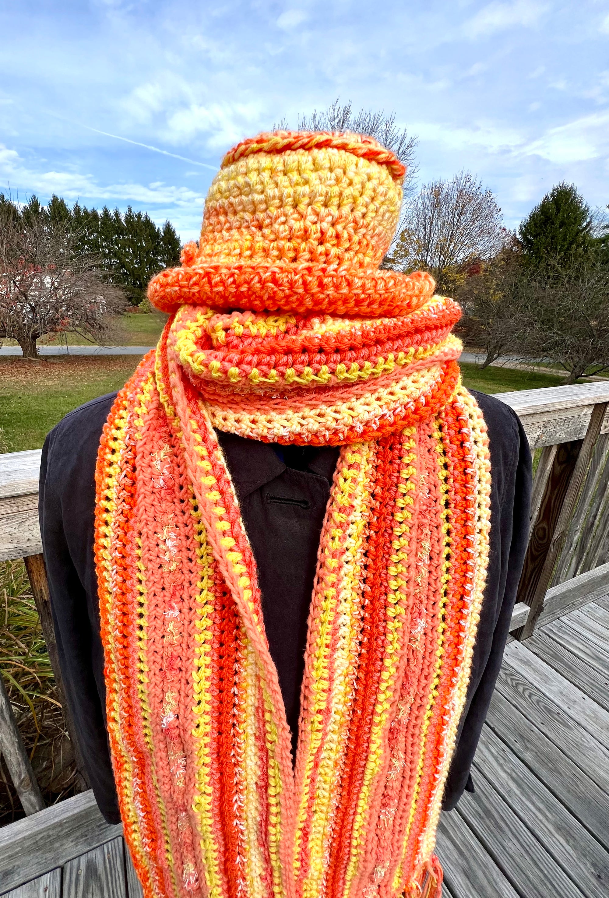 Extra Long Scarf and Hat Set - Orange and Yellow Sunshine