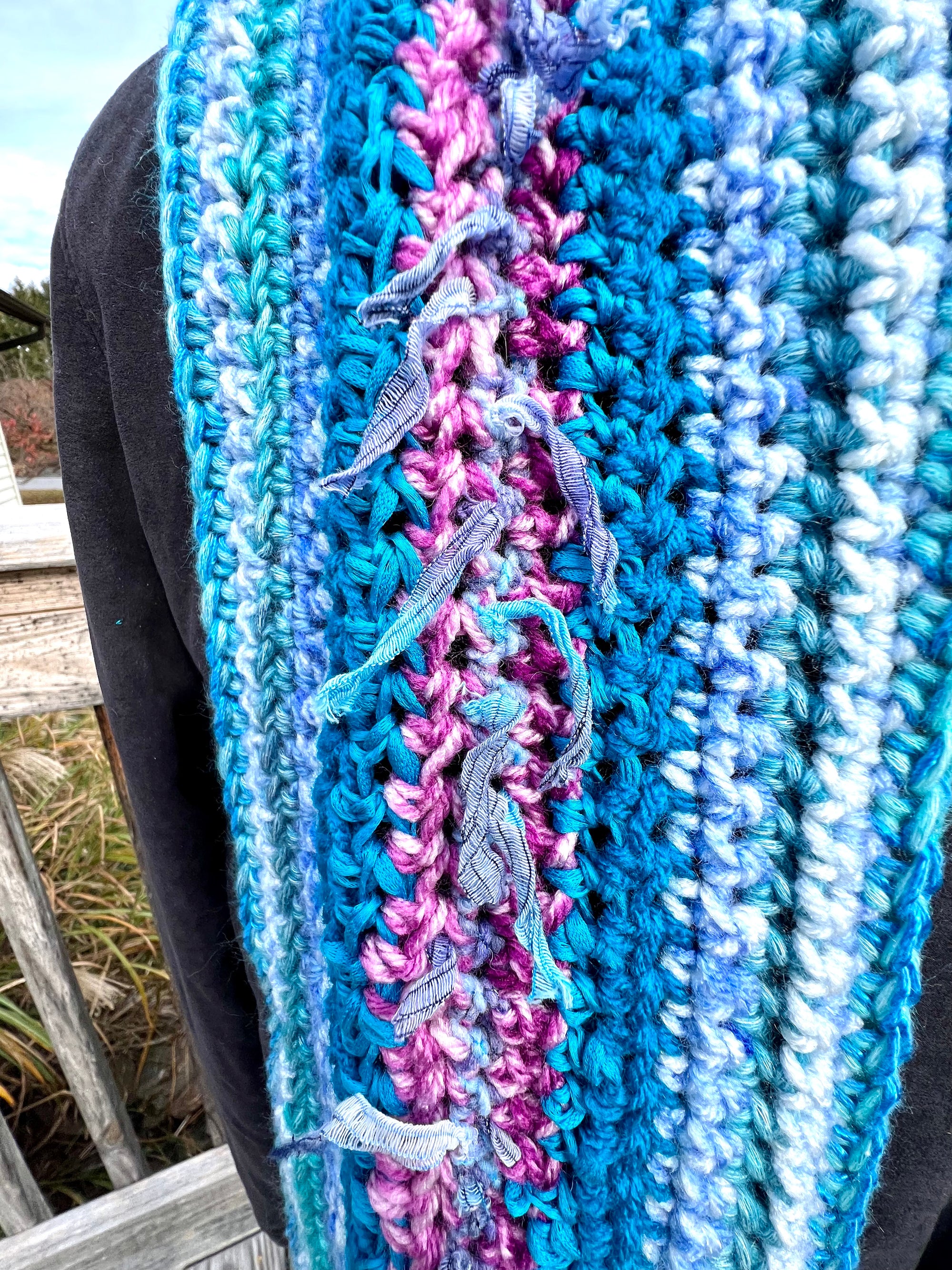 Extra Long Scarf and Hat Set - Blues with Purple Accent