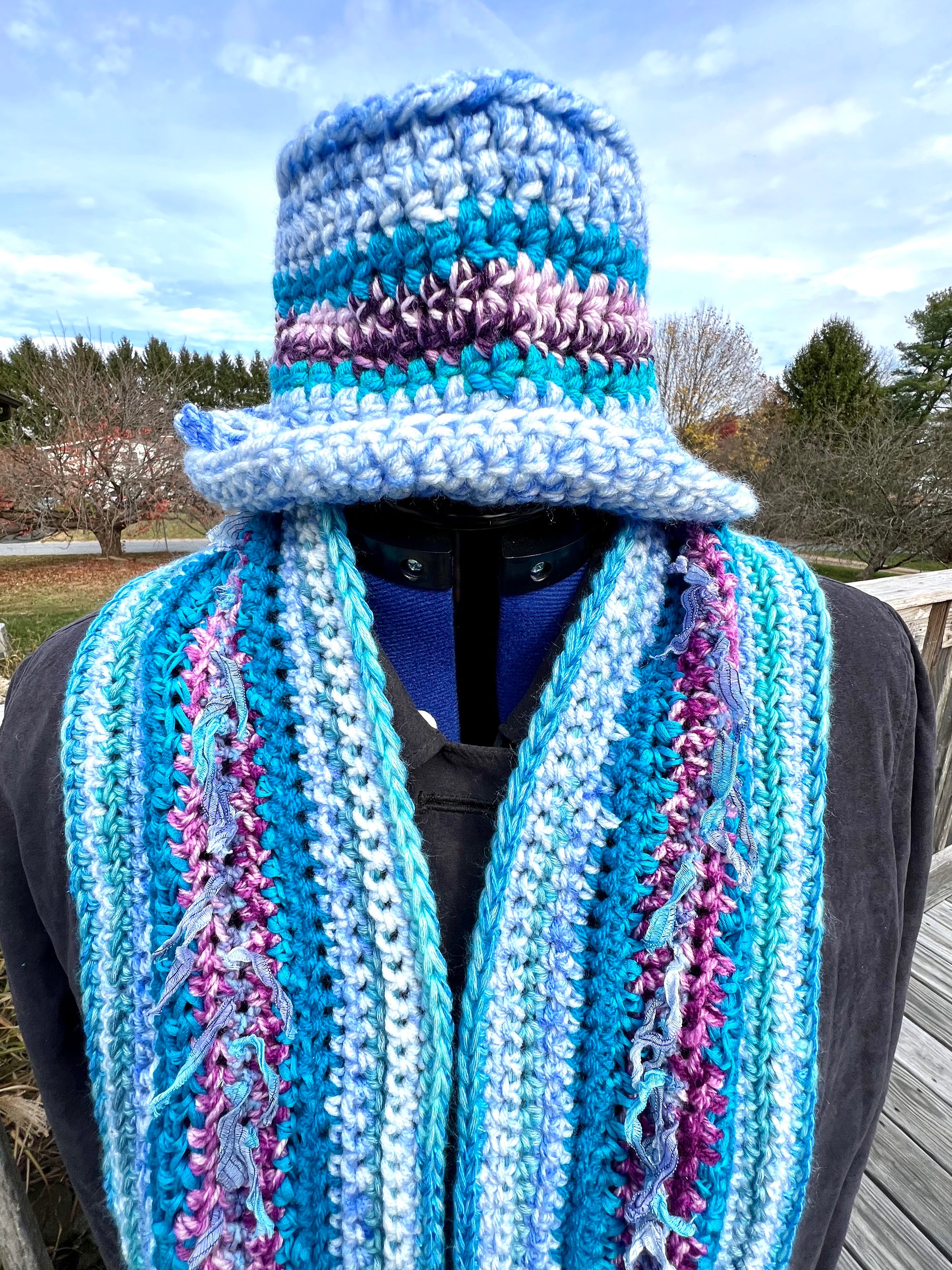 Extra Long Scarf and Hat Set - Blues with Purple Accent