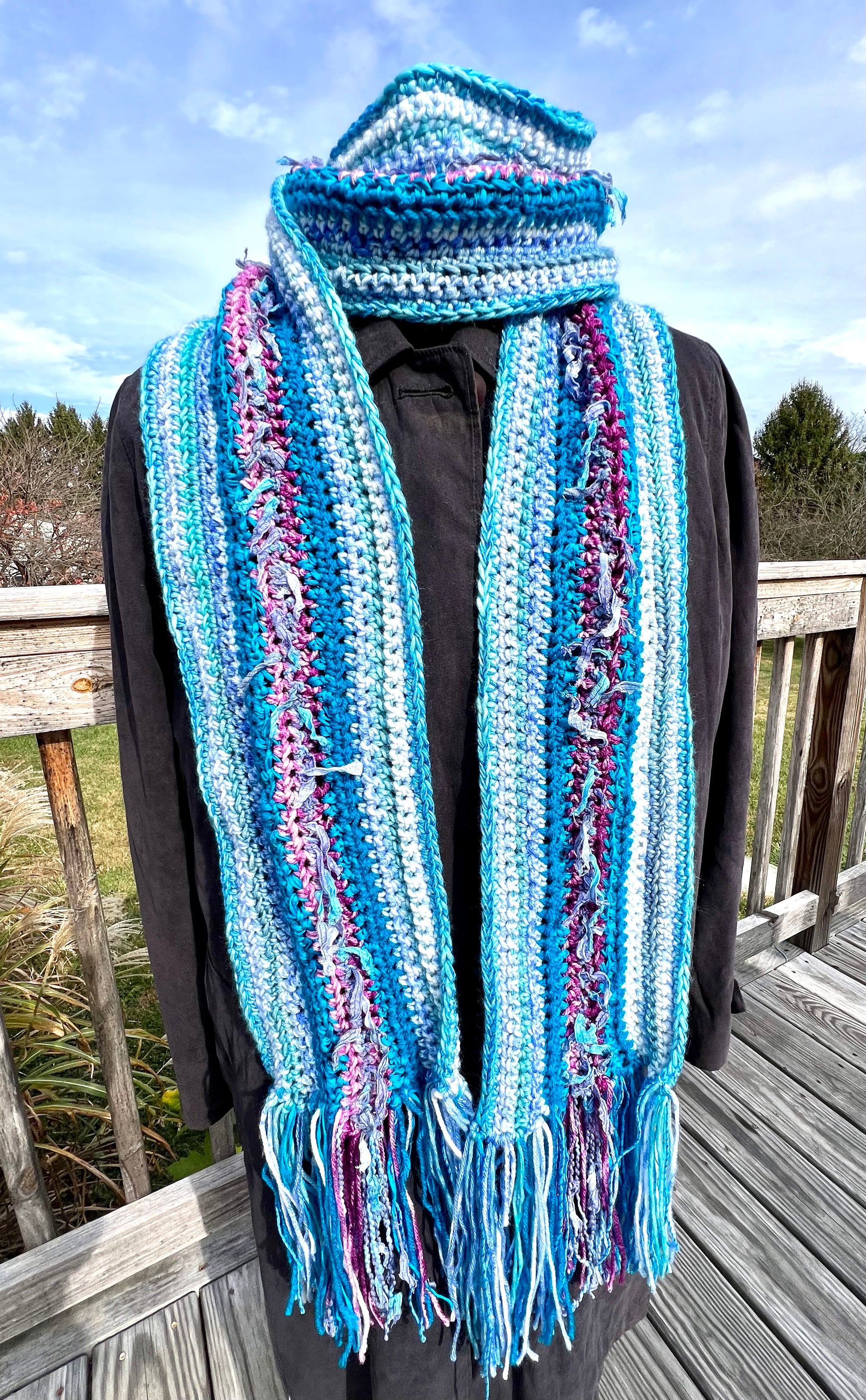 Extra Long Scarf and Hat Set - Blues with Purple Accent