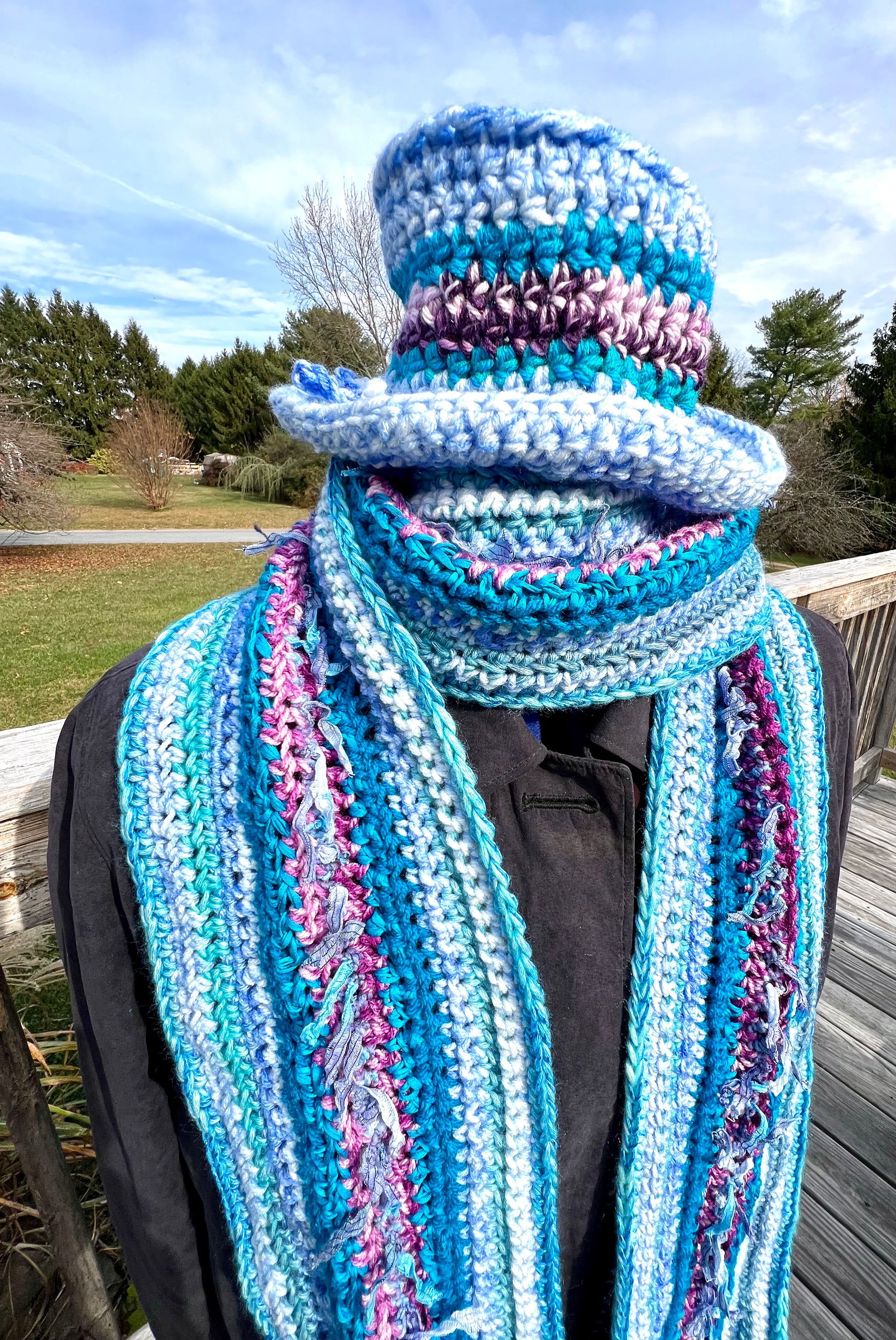 Extra Long Scarf and Hat Set - Blues with Purple Accent