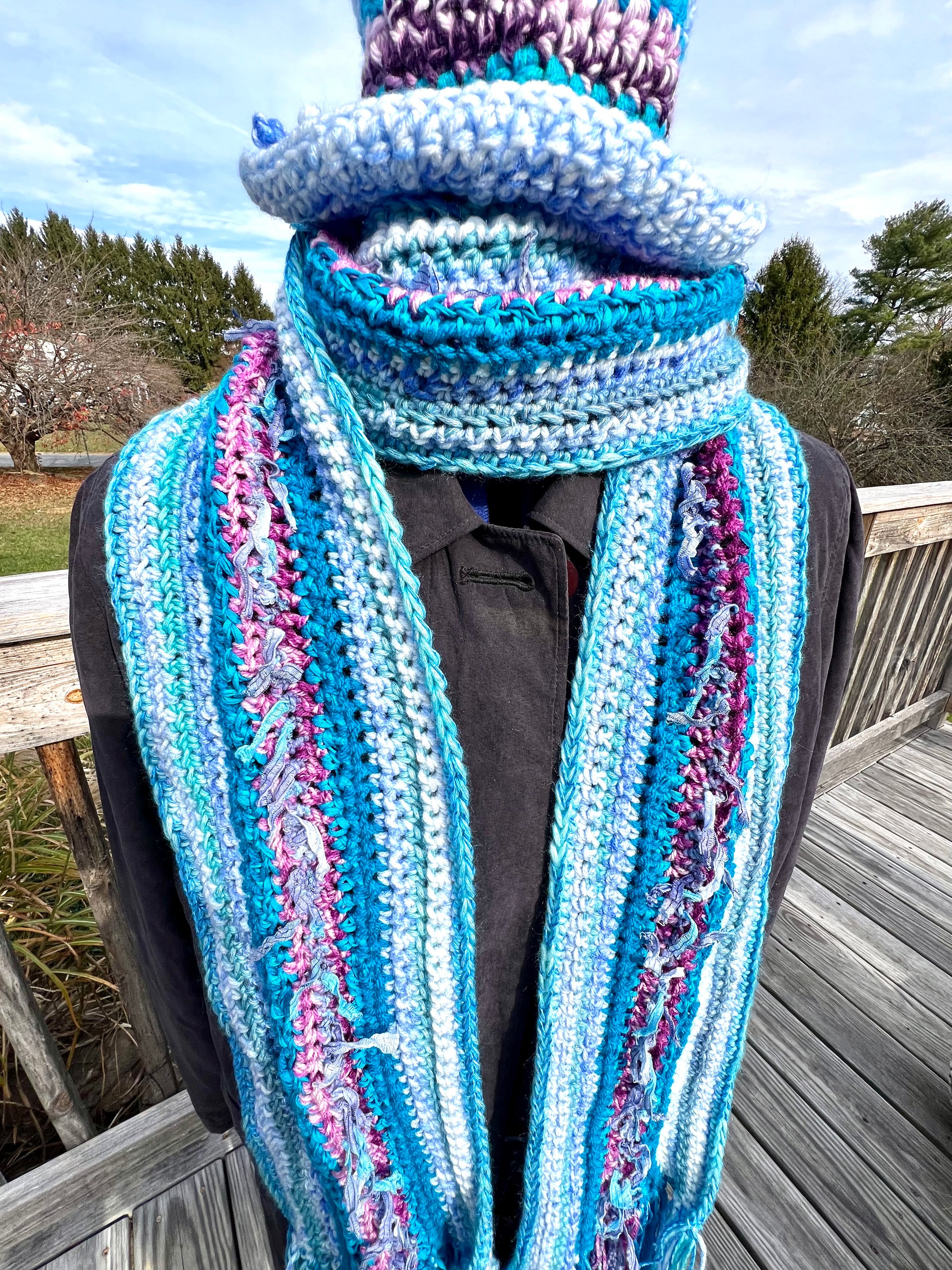 Extra Long Scarf and Hat Set - Blues with Purple Accent