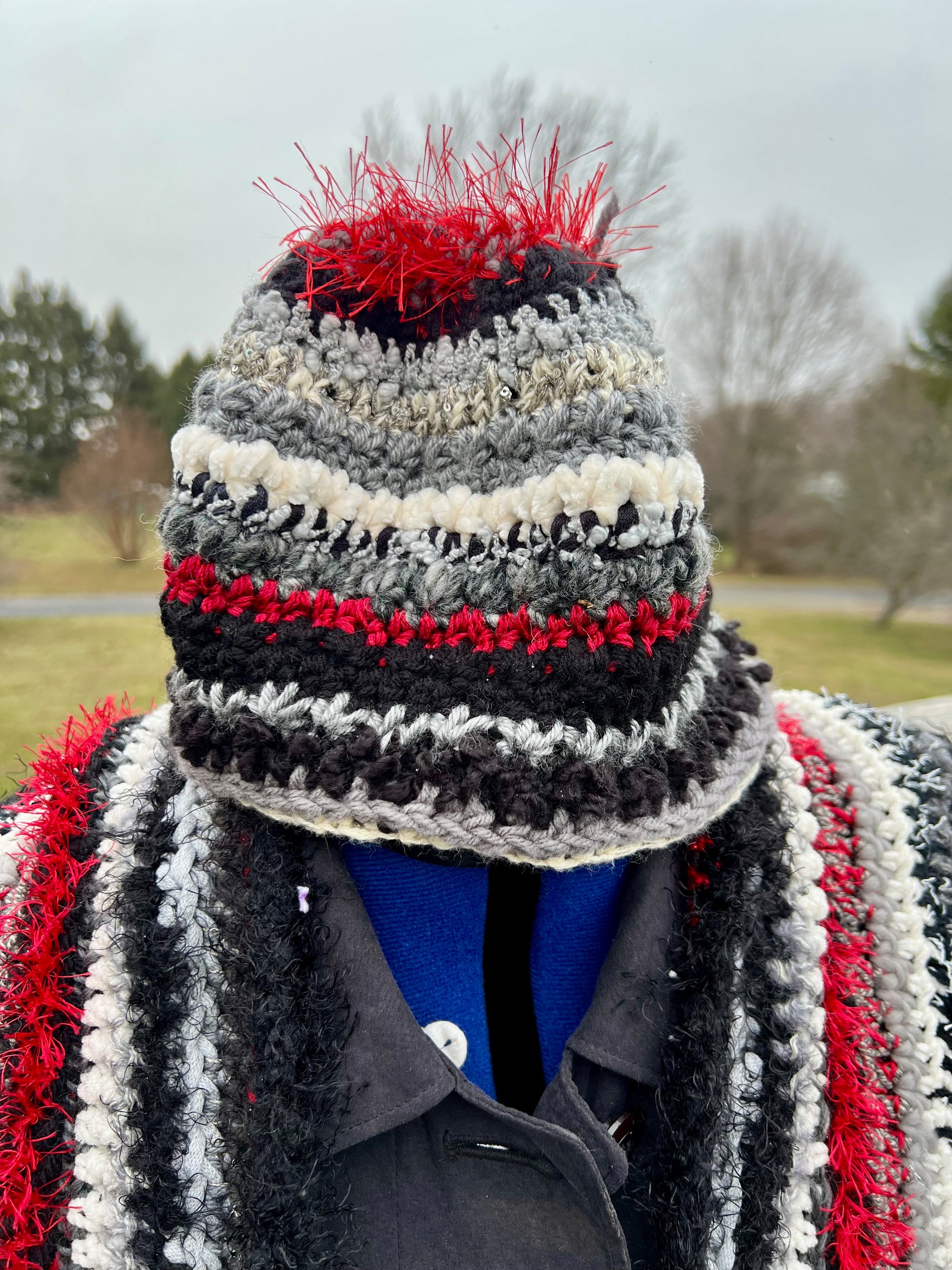 Scarf and Hat Set - Black Gray and a pop of Red