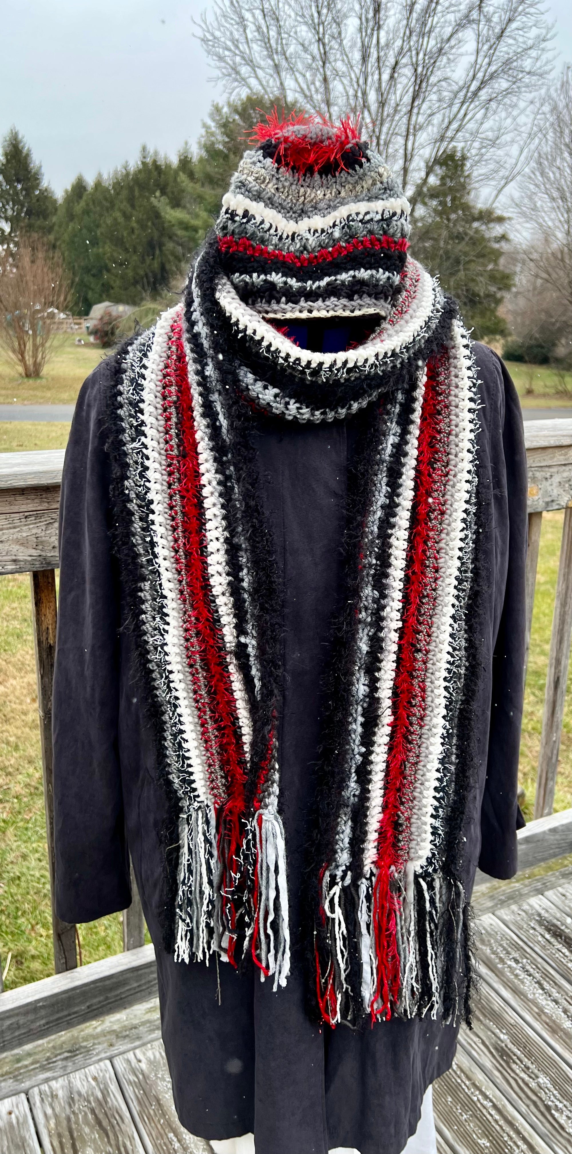 Scarf and Hat Set - Black Gray and a pop of Red