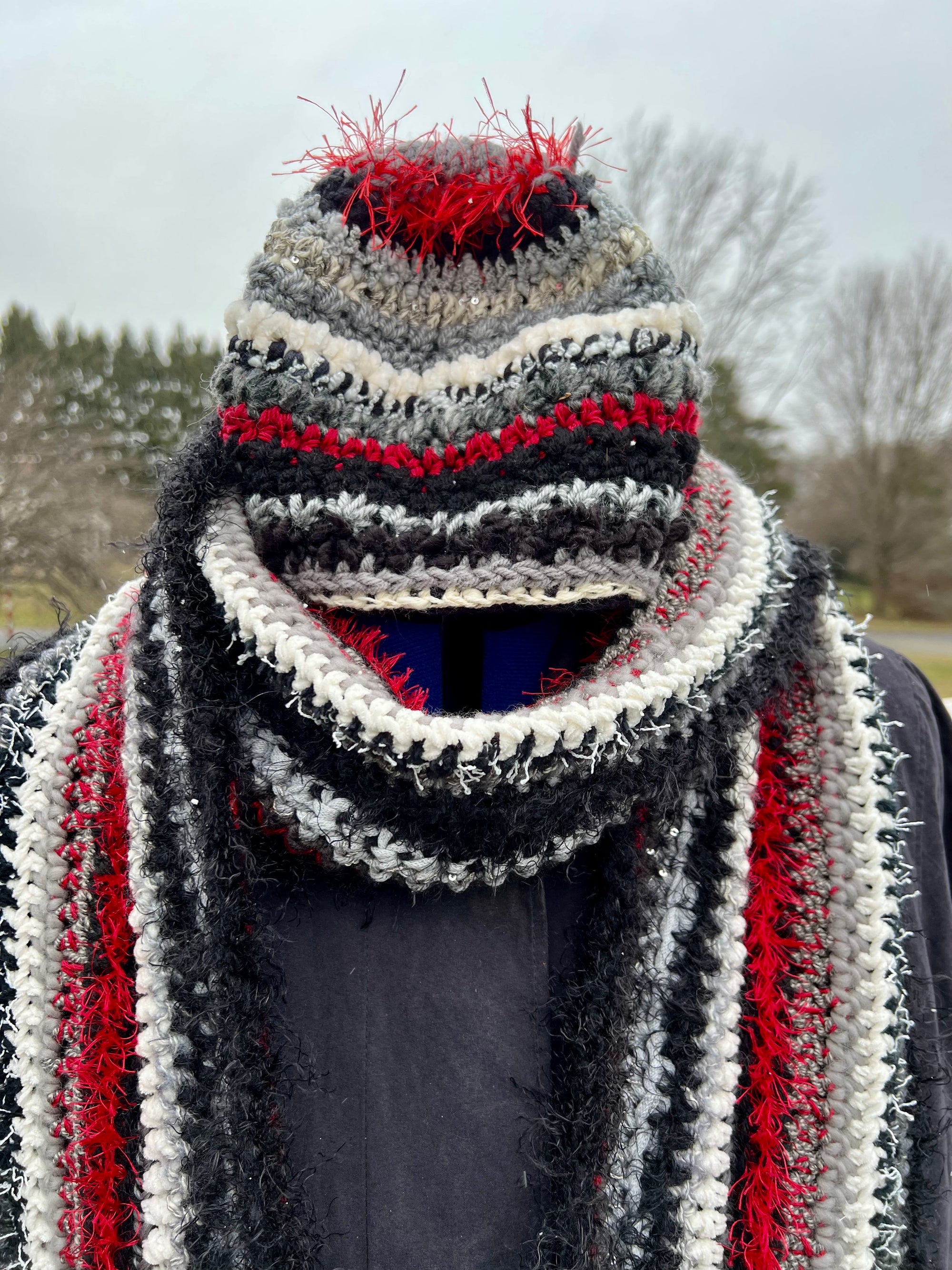 Scarf and Hat Set - Black Gray and a pop of Red