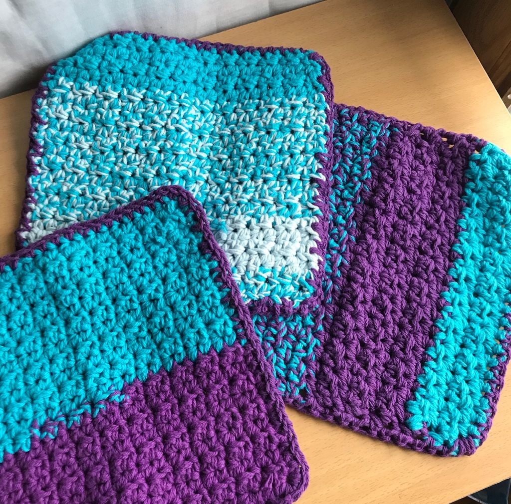 Double Thick Washcloths in Purple and Turquoise - Set of 3