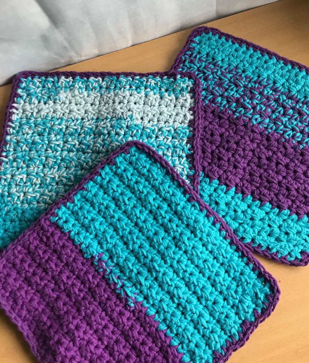 Double Thick Washcloths in Purple and Turquoise - Set of 3